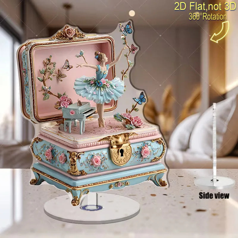 Ballerina Music Box Acrylic Stand 2D Flat 360° Rotation Vintage Ballet Dancer Figure Desk Deco Home Ornament Girls Birthday Gift