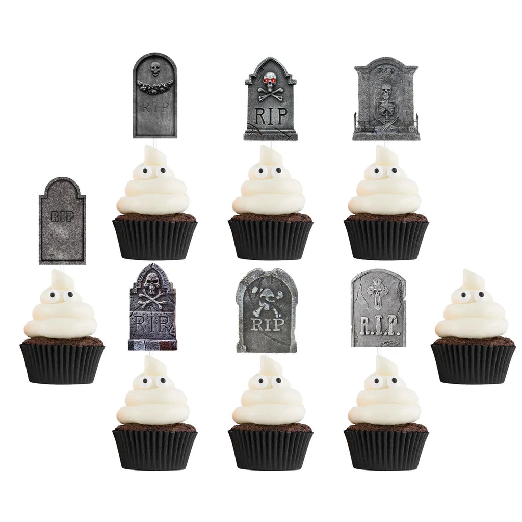 12pcs Halloween Cupcake Toppers Tombstone Graveyard Cake Toppers Scary Cupcake Decoration Table Centerpiece Appetizer Sticks