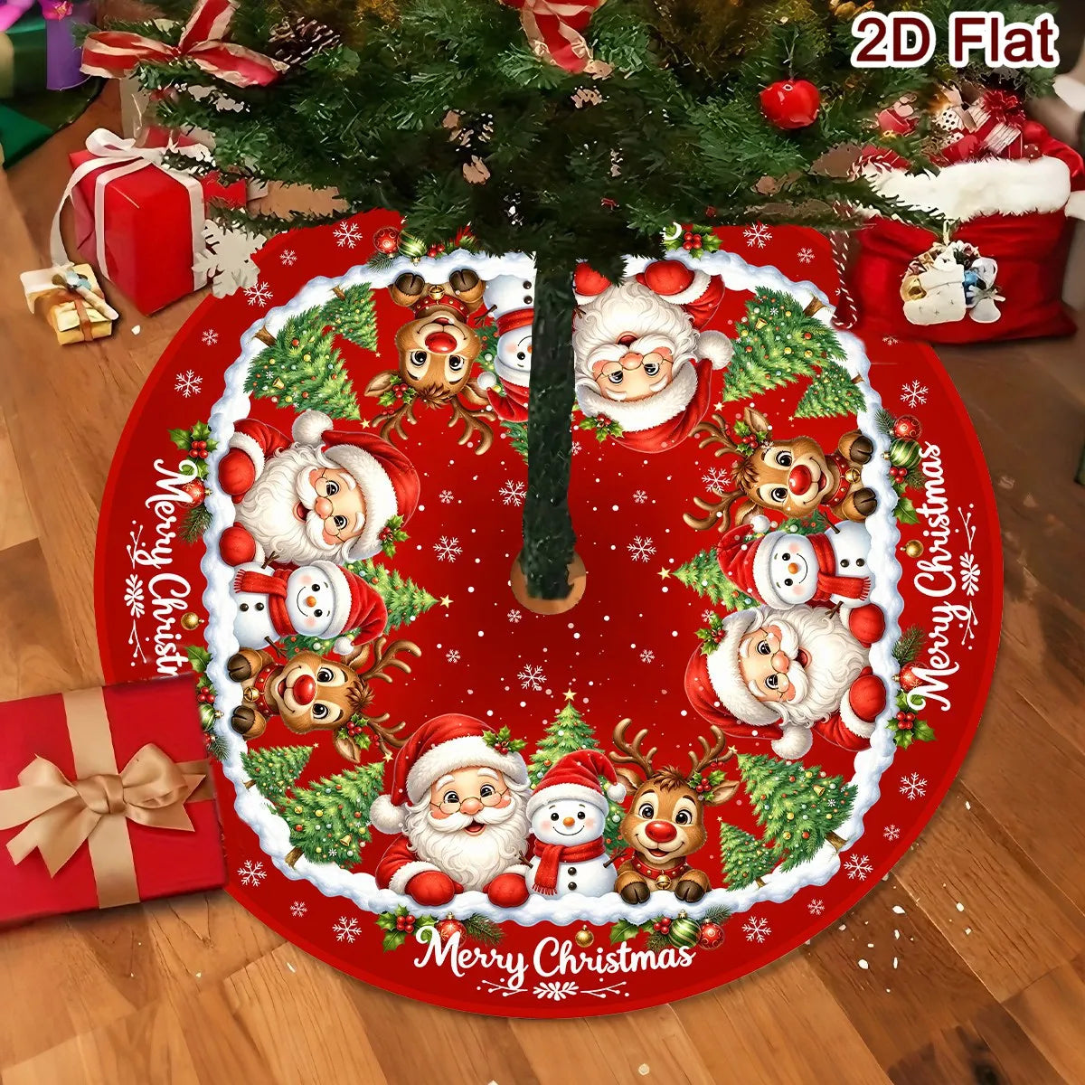 Christmas Tree Skirt Cartoon Santa Snowman Print Round 60/90cm Washable Polyester Tree Mat Home Party Decor Christmas Decoration