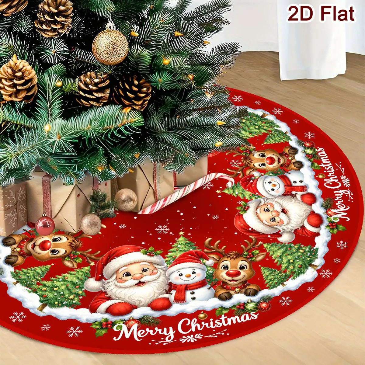 Christmas Tree Skirt Cartoon Santa Snowman Print Round 60/90cm Washable Polyester Tree Mat Home Party Decor Christmas Decoration
