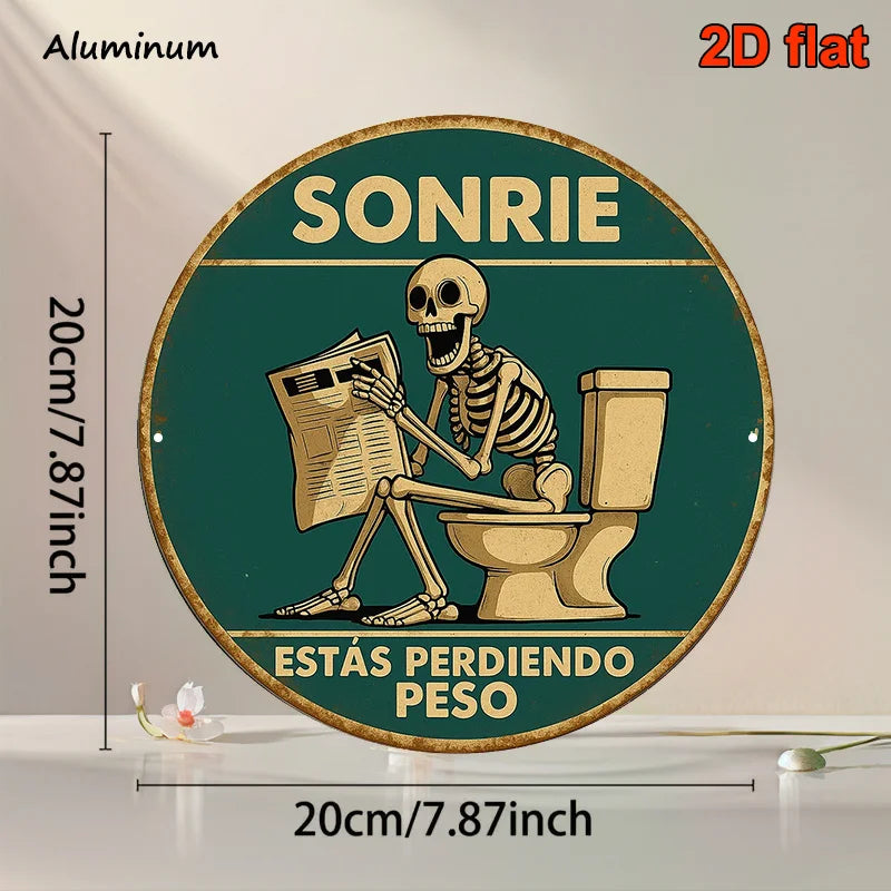 1pc, Round Spanish Aluminum Sign, Retro Decorative Plaque About 'Skeleton Reading on The Toilet', Humorous Toilet Decoration