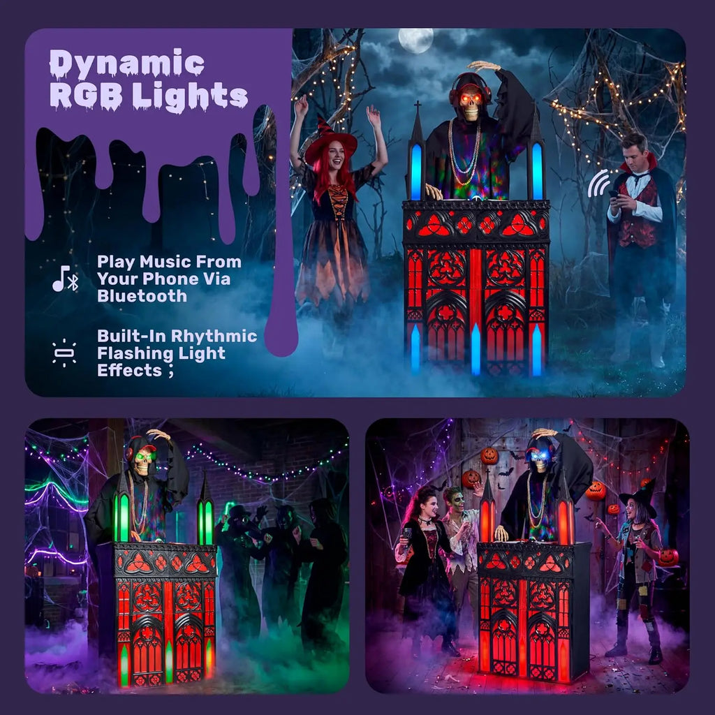 6ft Halloween Animatronic DJ Reaper Decorations Outdoor Life-Size Gothic Skeleton DJ RGB Lights & Motion Activated Head, Creepy Halloween Decor for Yard Garden Lawn