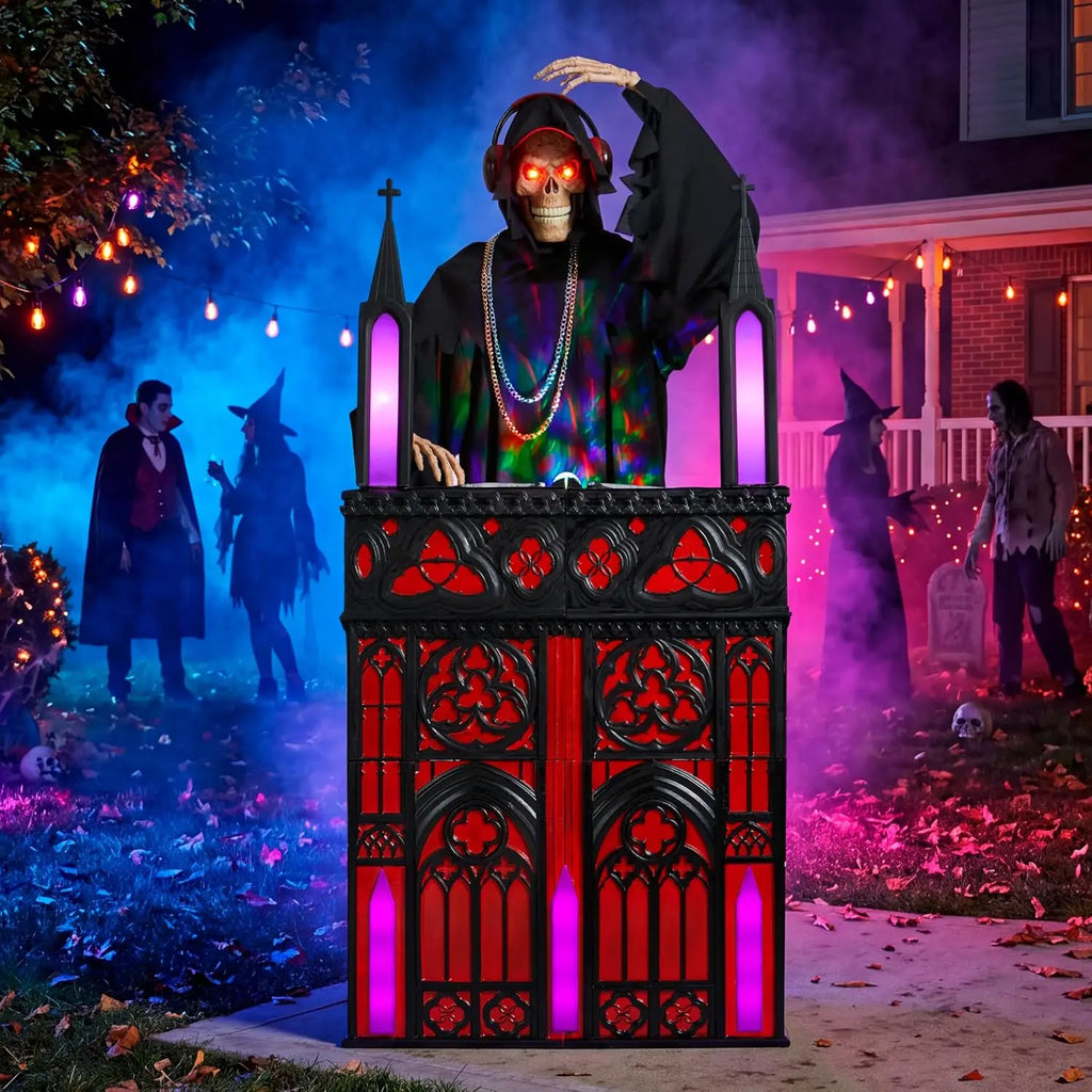 6ft Halloween Animatronic DJ Reaper Decorations Outdoor Life-Size Gothic Skeleton DJ RGB Lights & Motion Activated Head, Creepy Halloween Decor for Yard Garden Lawn