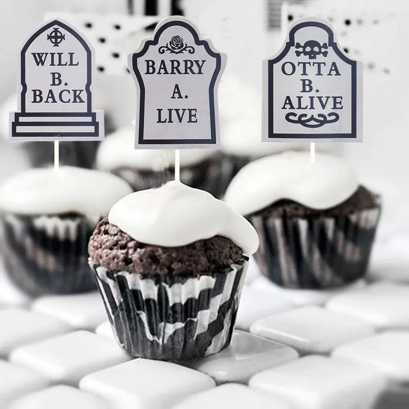 12pcs Halloween Cupcake Toppers Tombstone Graveyard Cake Toppers Scary Cupcake Decoration Table Centerpiece Appetizer Sticks