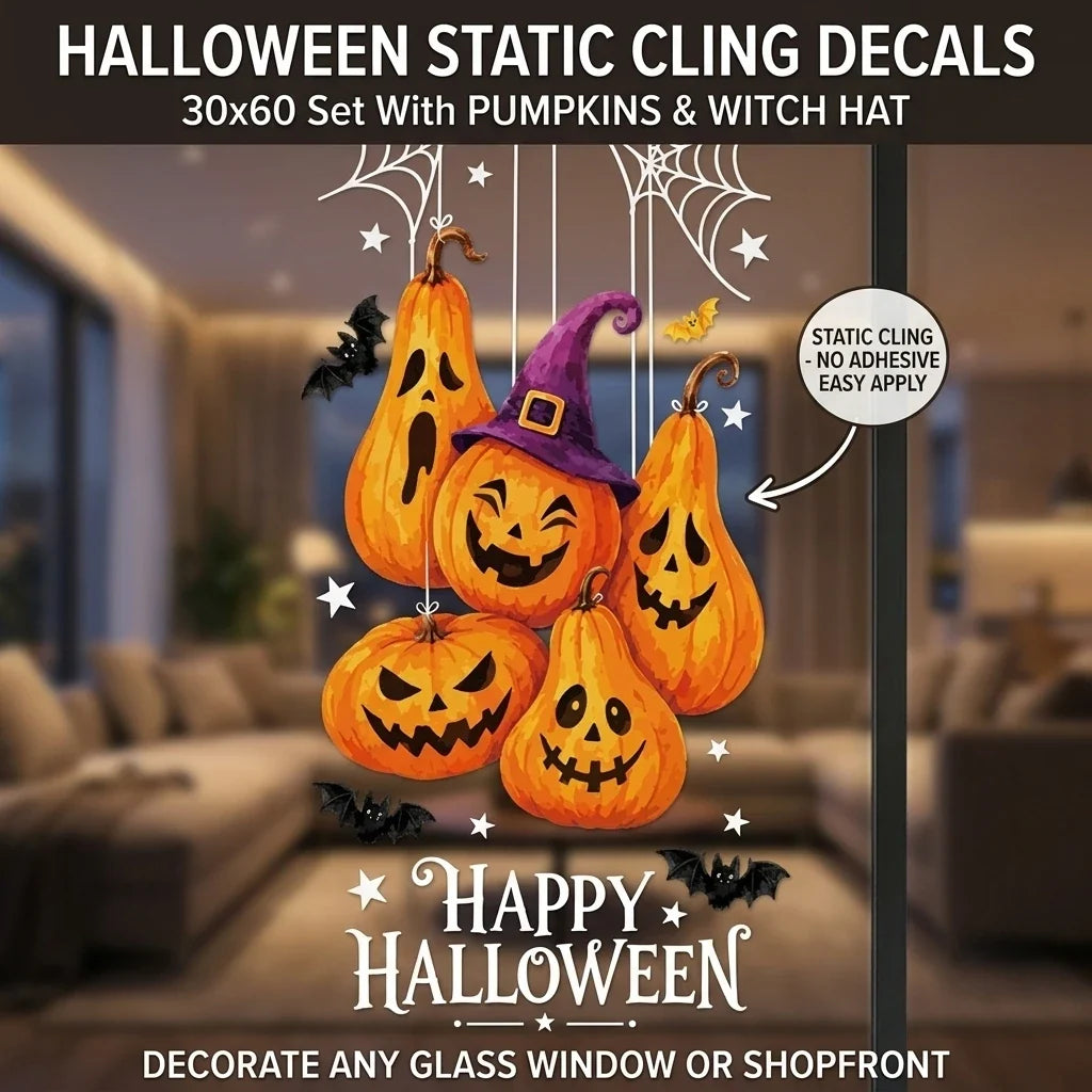 Window Clings PVC Static Film Halloween Decor Stickers Reusable No Glue Pumpkin Witch Bat for Storefront Party Home Decoration