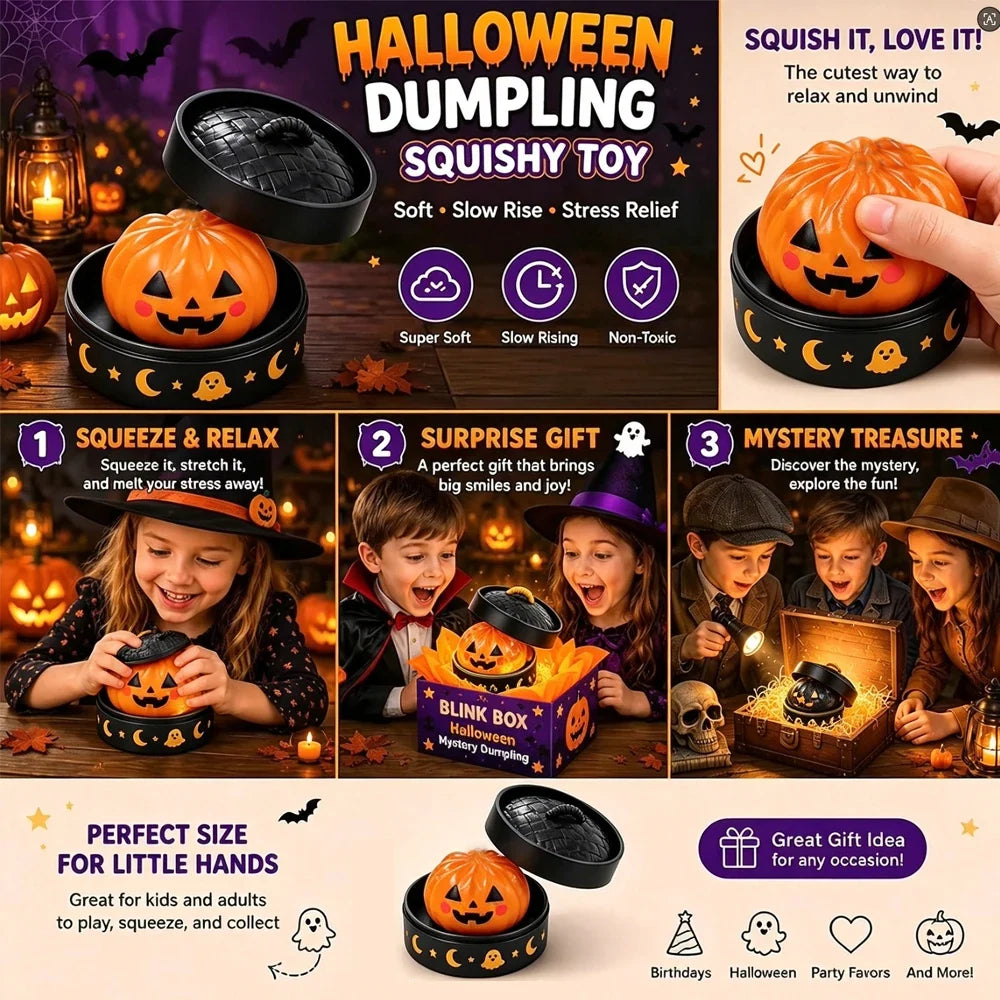 New Halloween Dumpling Squeeze Squishy Toy, Cute Slow Rising Squeeze Stress Relief Sensory Toy, Soft Kawaii Halloween Fidget Toy