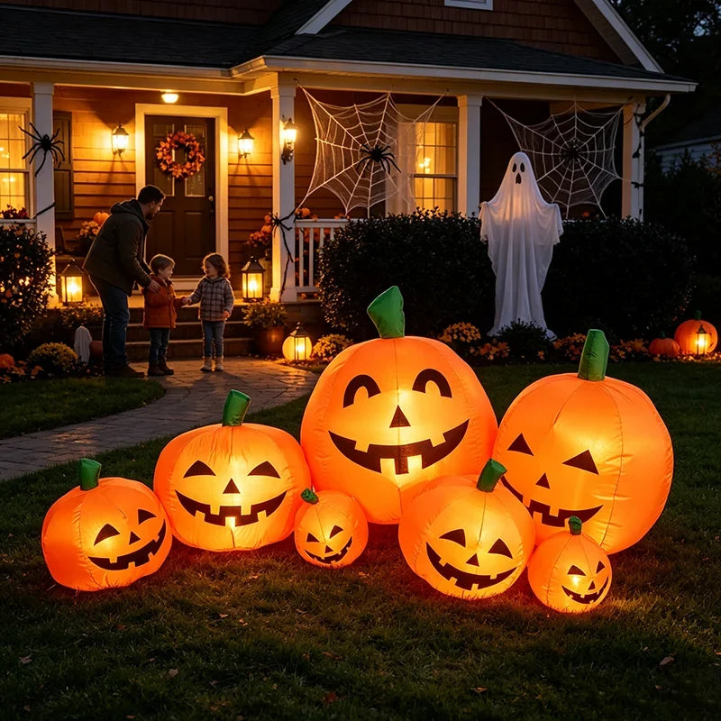NEW Arrival 7.5FT Halloween Inflatable Pumpkin Decoration LED Blow Up Pumpkin Patch with 7 Pumpkins & Bright Light Boards Outdoor Airblown Yard Decor for Garden Lawn Party, Includes Blower Fan+Ground Anchors Indoor Inflatable