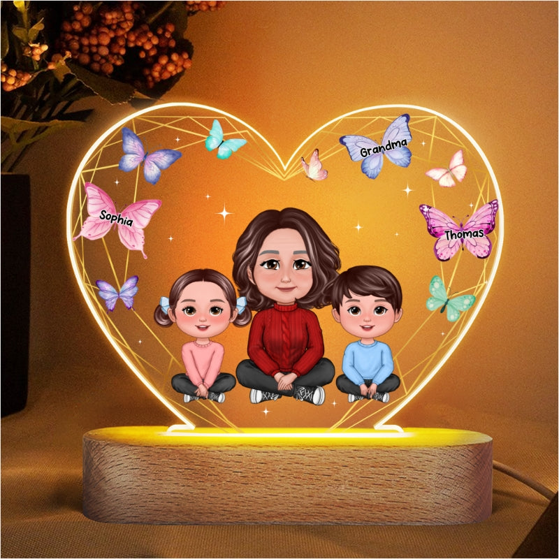 Grandma Grandkids Crossed Legs Butterfly Hearts Personalized Heart Acrylic LED Night Light